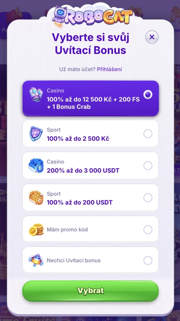 Registrační formulář Robocat casino